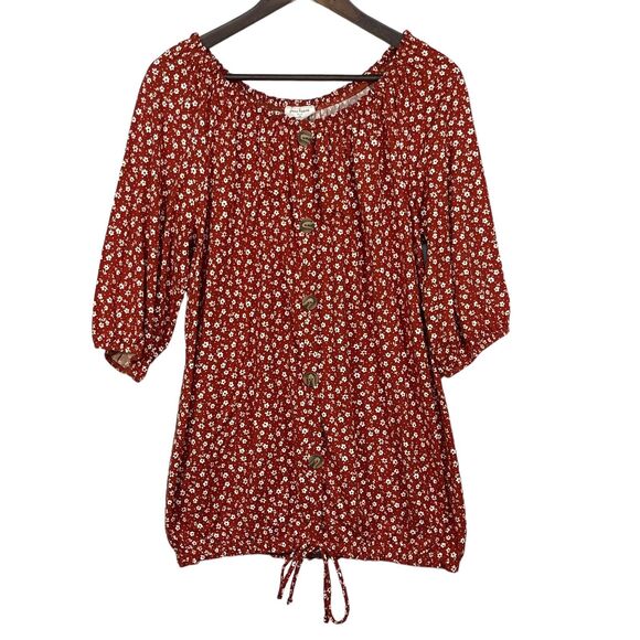 Free Kisses Off-the-Shoulder Blouse Women Size 1X Red Floral Stretch 3/4 Sleeve - Picture 1 of 9